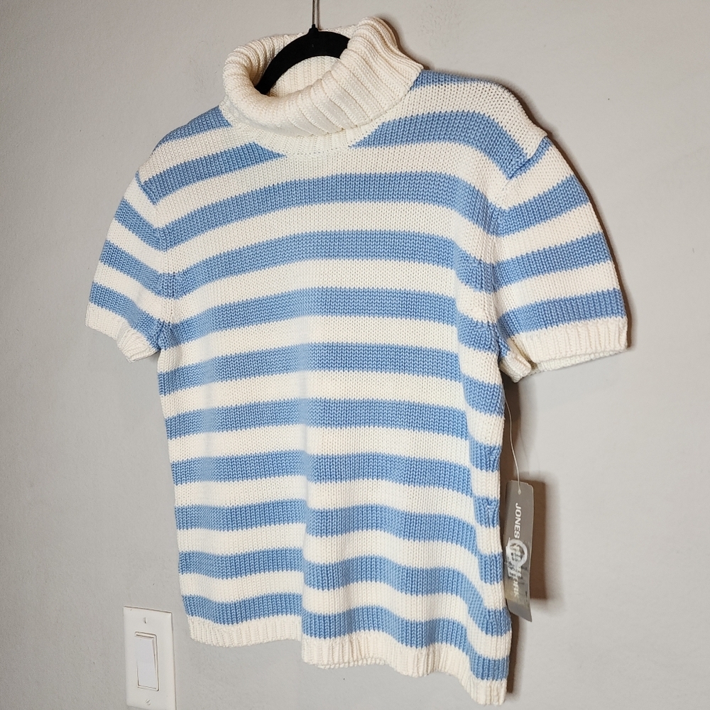 NWT VTG Jones New York Blue Stripe Turtleneck Knit Short Sleeve Sweater Small